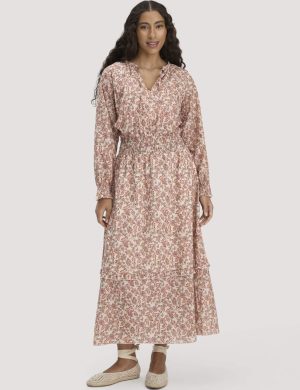 hessnatur Damen Kleid Floralprint Maxi aus Bio-Baumwolle - beige