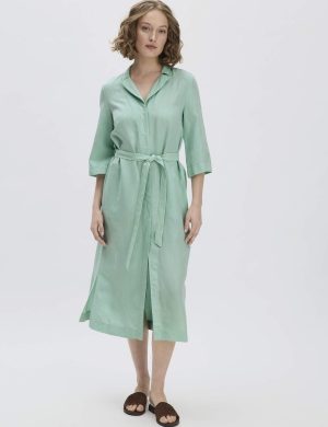 hessnatur Damen Kleid Midi Relaxed aus TENCEL Lyocell mit Leinen - grün