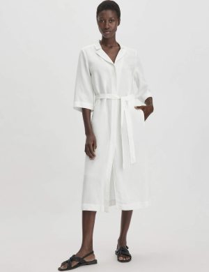 hessnatur Damen Kleid Midi Relaxed aus TENCEL Lyocell mit Leinen - weiß