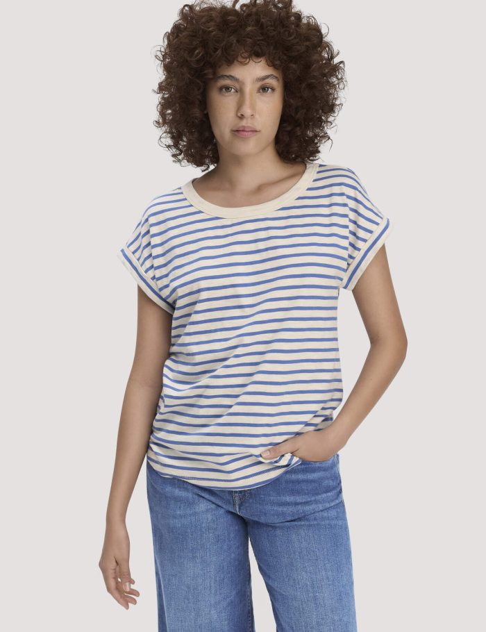 hessnatur Damen Light Slub Streifen T-Shirt Relaxed aus Bio-Baumwolle - blau