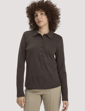 hessnatur Damen Longsleeve Polo Slim aus Bio-Baumwolle - braun