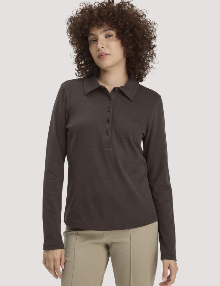 hessnatur Damen Longsleeve Polo Slim aus Bio-Baumwolle - braun hessnatur Damen Longsleeve Polo Slim aus Bio-Baumwolle - braun