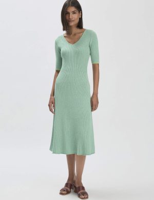 hessnatur Damen Mouliné Strick Kleid Midi Fitted aus Bio-Baumwolle - grün