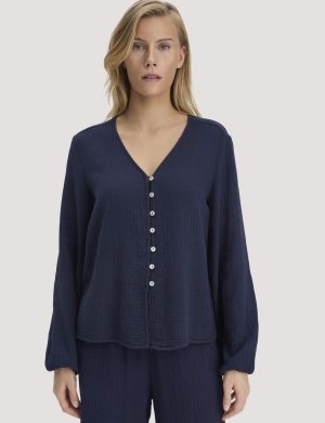 hessnatur Damen Musselin Bluse Relaxed aus Bio-Baumwolle - blau