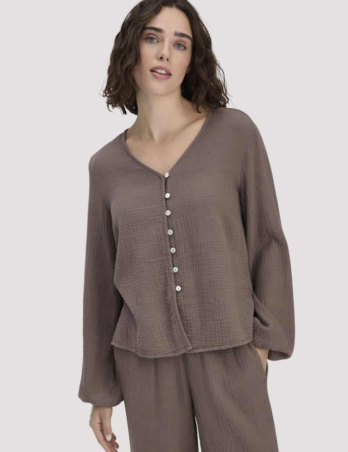 hessnatur Damen Musselin Bluse Relaxed aus Bio-Baumwolle - braun