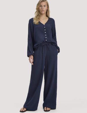 hessnatur Damen Musselin Hose Wide Leg aus Bio-Baumwolle - blau