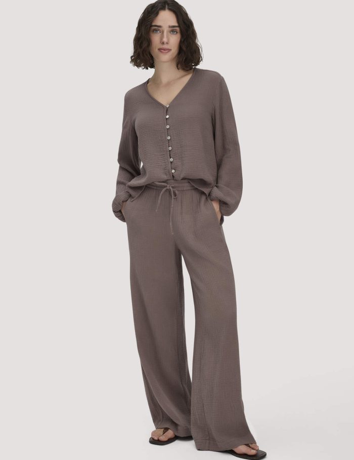 hessnatur Damen Musselin Hose Wide Leg aus Bio-Baumwolle - braun