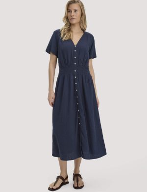 hessnatur Damen Musselin Kleid mit Taillierung Midi aus Bio-Baumwolle - blau