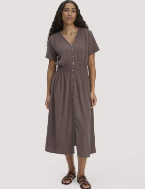 hessnatur Damen Musselin Kleid mit Taillierung Midi aus Bio-Baumwolle - braun