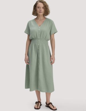 hessnatur Damen Musselin Kleid mit Taillierung Midi aus Bio-Baumwolle - grün