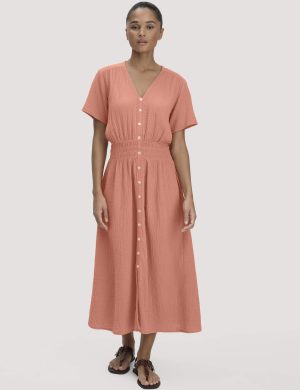 hessnatur Damen Musselin Kleid mit Taillierung Midi aus Bio-Baumwolle - orange