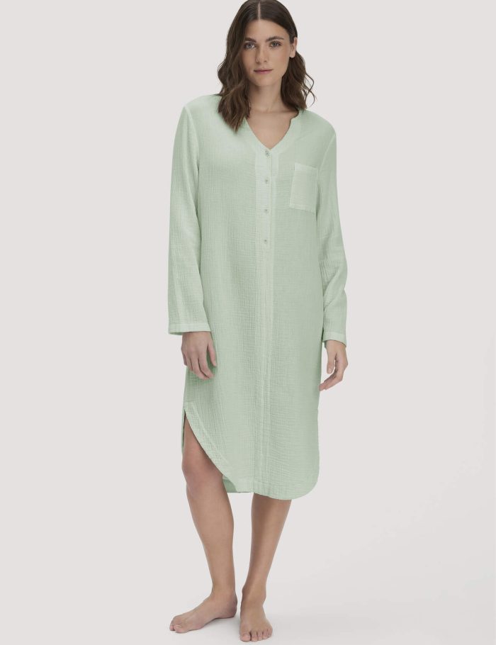 hessnatur Damen Musselin Nachthemd Relaxed PURE COMFORT aus Bio Baumwolle - grün