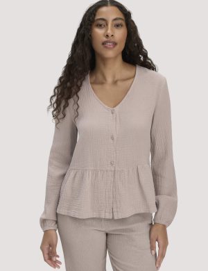 hessnatur Damen Musselin Pyjamabluse PURE COMFORT aus Bio-Baumwolle - beige