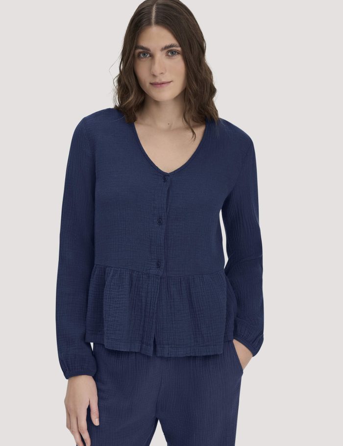 hessnatur Damen Musselin Pyjamabluse PURE COMFORT aus Bio-Baumwolle - blau
