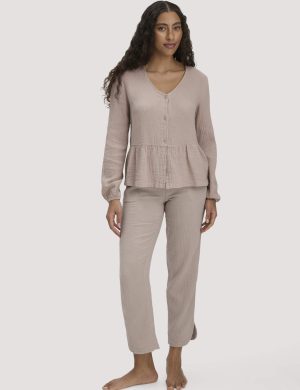 hessnatur Damen Musselin Schlafhose Regular PURE COMFORT aus Bio-Baumwolle - beige