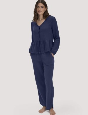 hessnatur Damen Musselin Schlafhose Regular PURE COMFORT aus Bio-Baumwolle - blau