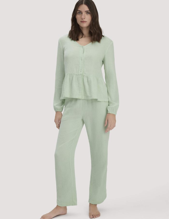 hessnatur Damen Musselin Schlafhose Regular PURE COMFORT aus Bio-Baumwolle - grün