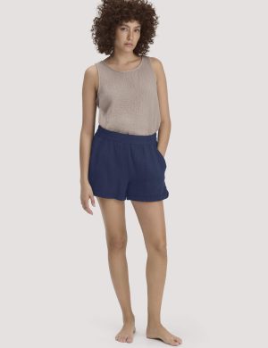 hessnatur Damen Musselin Schlafshorts PURE COMFORT aus Bio-Baumwolle - blau