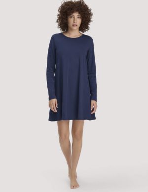 hessnatur Damen Nachthemd PURE COTTON aus Bio-Baumwolle - blau