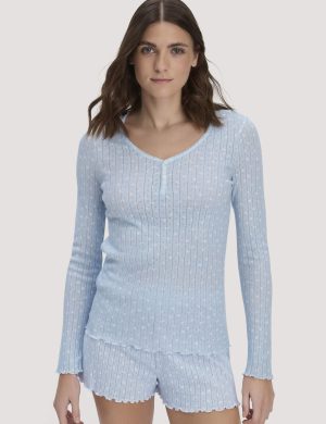 hessnatur Damen Pointelle Henley Schlafshirt PURE COTTON aus Bio-Baumwolle - blau