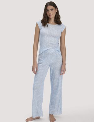 hessnatur Damen Pointelle Schlafhose Relaxed PURE COTTON aus Bio-Baumwolle - blau