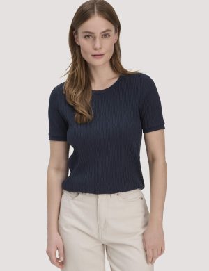 hessnatur Damen Pointelle T-Shirt Regular aus Bio-Baumwolle - blau