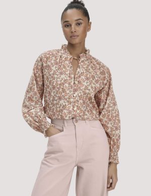 hessnatur Damen Print Bluse Relaxed aus Bio-Baumwolle - beige