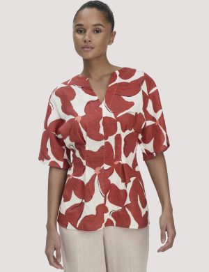 hessnatur Damen Print Bluse Relaxed aus Leinen - braun