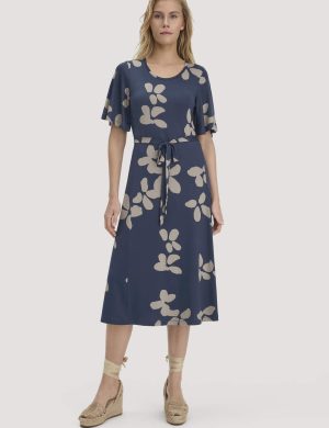 hessnatur Damen Print Jersey Kleid kniebedeckend Slim aus TENCEL™ Lyocell - blau