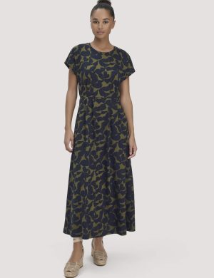 hessnatur Damen Print Jersey Kleid Knöchellang Relaxed aus Bio-Baumwolle - grün