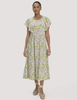 hessnatur Damen Print Jersey Kleid Midi Relaxed aus Bio-Baumwolle - blau