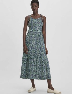 hessnatur Damen Print Jersey Kleid Midi Relaxed aus Bio-Baumwolle - grün
