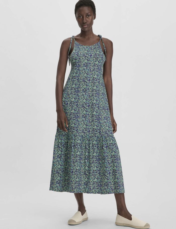 hessnatur Damen Print Jersey Kleid Midi Relaxed aus Bio-Baumwolle - grün