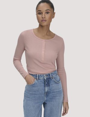 hessnatur Damen Softrib Longsleeve Henley Fitted aus Bio-Baumwolle und Tencel™ Modal - rosa