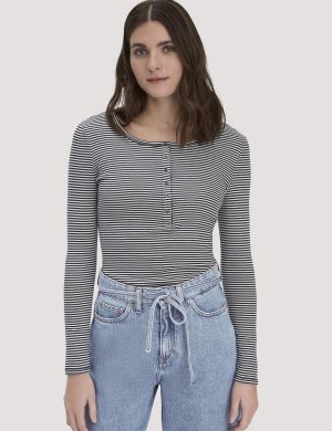 hessnatur Damen Softrib Longsleeve Streifen Henley Fitted aus Bio-Baumwolle und TENCEL™ Modal - blau