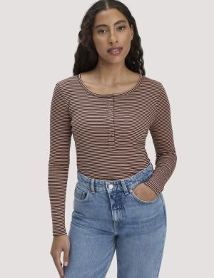 hessnatur Damen Softrib Longsleeve Streifen Henley Fitted aus Bio-Baumwolle und TENCEL™ Modal - rosa