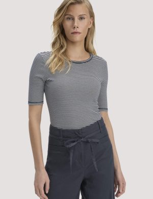 hessnatur Damen Softrib Streifen T-Shirt Fitted aus Bio-Baumwolle und TENCEL™ Modal - blau