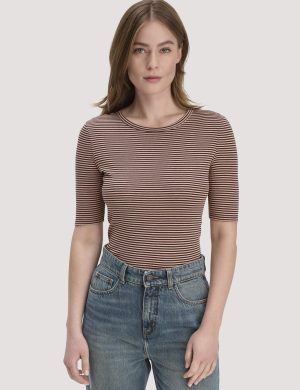 hessnatur Damen Softrib Streifen T-Shirt Fitted aus Bio-Baumwolle und TENCEL™ Modal - rosa