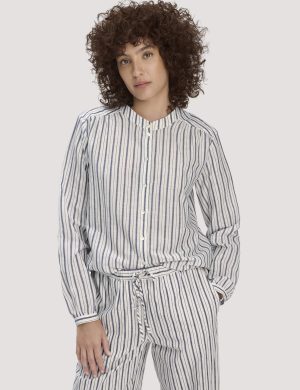 hessnatur Damen Streifen Bluse Relaxed aus Bio-Baumwolle mit Leinen - weiß
