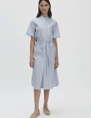 hessnatur Damen Streifen Hemdblusen Kleid Midi Relaxed aus Bio-Baumwolle - blau