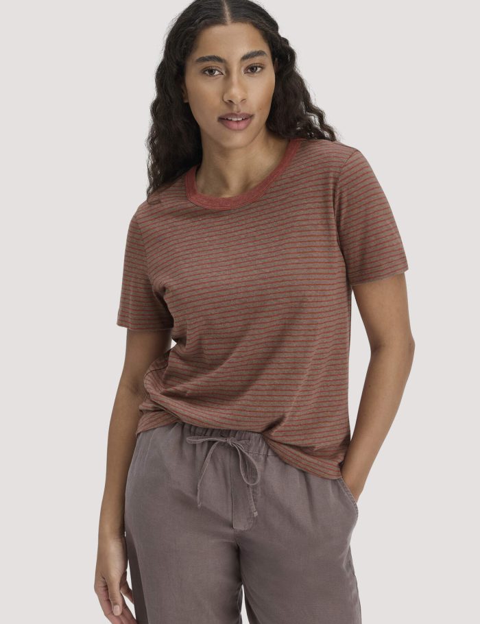 hessnatur Damen Streifen T-Shirt Relaxed aus Leinen mit reiner Bio-Baumwolle - braun