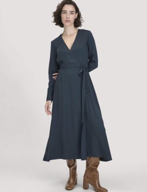 hessnatur Damen Wickelkleid Knöchellang Regular aus LENZING™ ECOVERO™ Viskose - blau