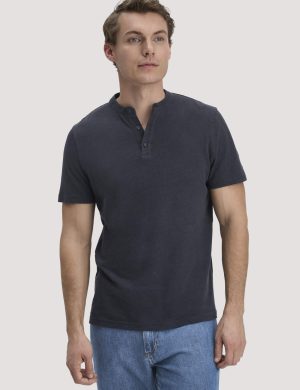hessnatur Herren Henley T-Shirt Regular aus Leinen und Bio-Baumwolle - blau