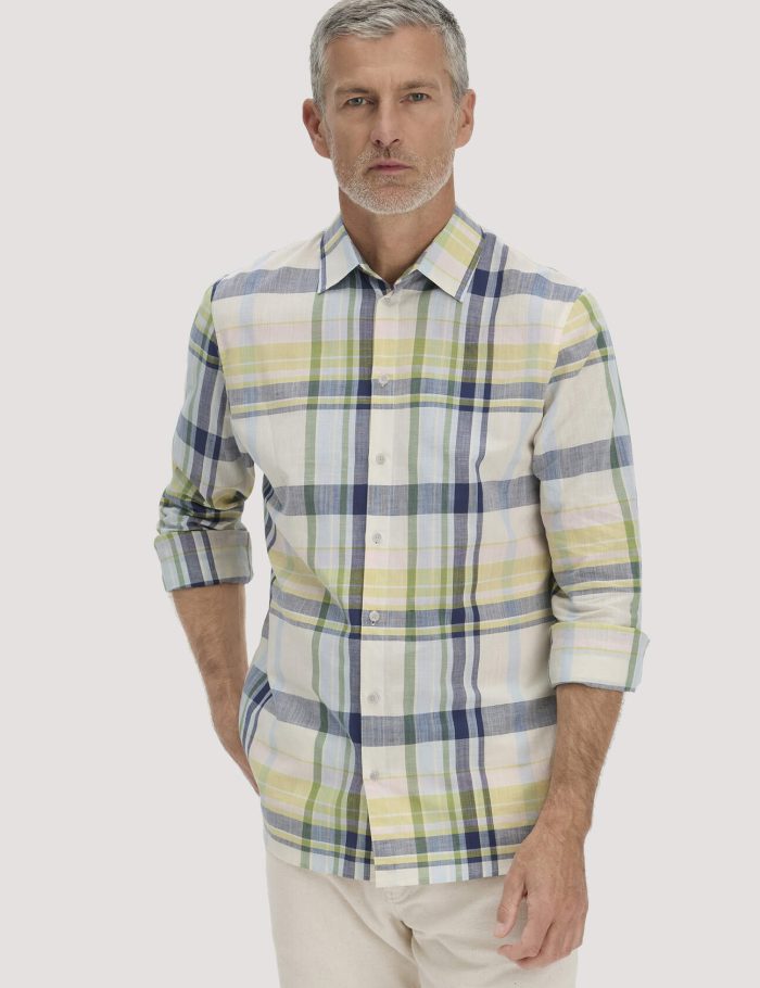 hessnatur Herren Karo Hemd Regular aus Bio-Baumwolle mit Leinen - blau - Größe XXL (45/46)