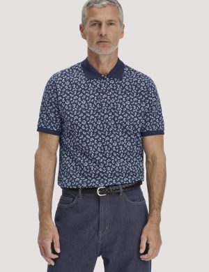 hessnatur Herren Print Piqué Polo Relaxed aus Bio-Baumwolle - blau