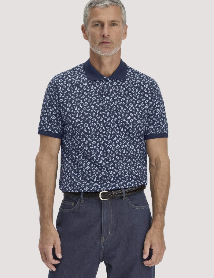 hessnatur Herren Print Piqué Polo Relaxed aus Bio-Baumwolle - blau