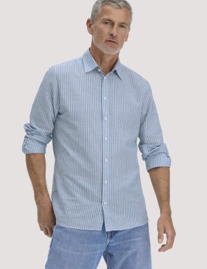 hessnatur Herren Streifen Hemd Regular aus Bio-Baumwolle mit Leinen - blau - Größe L (41/42)