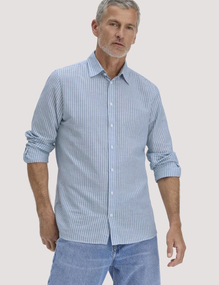 hessnatur Herren Streifen Hemd Regular aus Bio-Baumwolle mit Leinen - blau - Größe S (37/38)