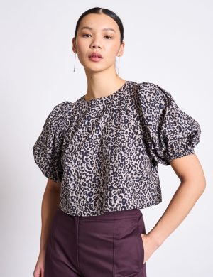 Bluse Cropped Olmos Leo Print Braun