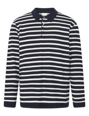 KnowledgeCotton Apparel Gestricktes Langarm-Poloshirt mit Streifen aus Bio-Baumwolle